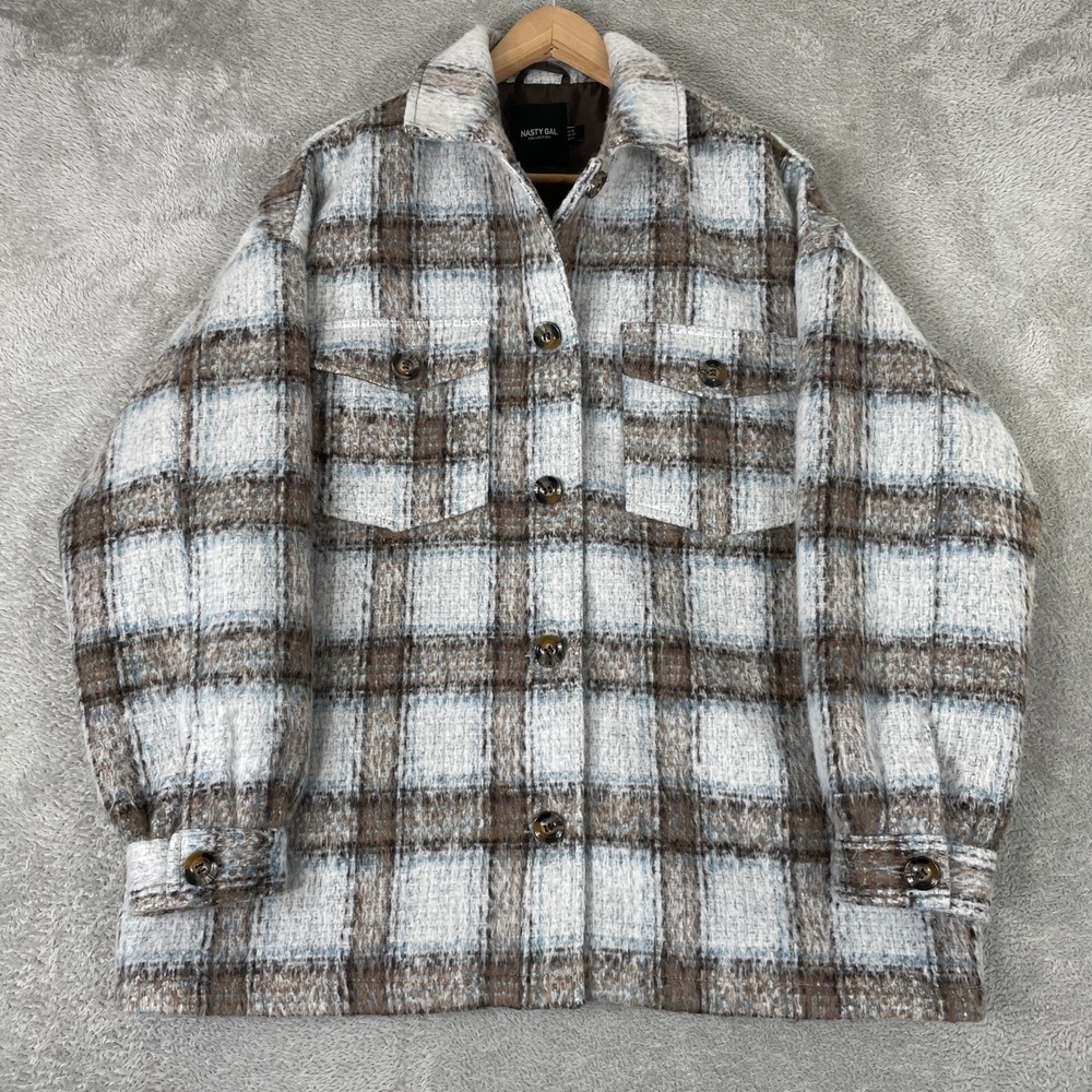 Nasty Gal Plaid Shacket Womens Large Brown Blue Wool Blend Oversized Grunge